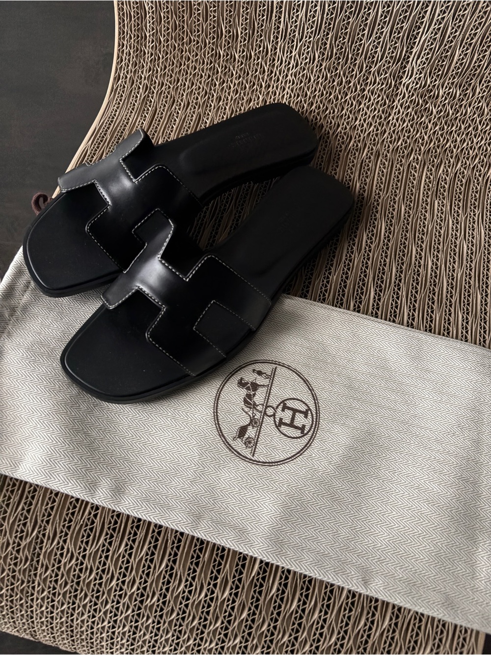 Hermes Black Leather Oran Sandals